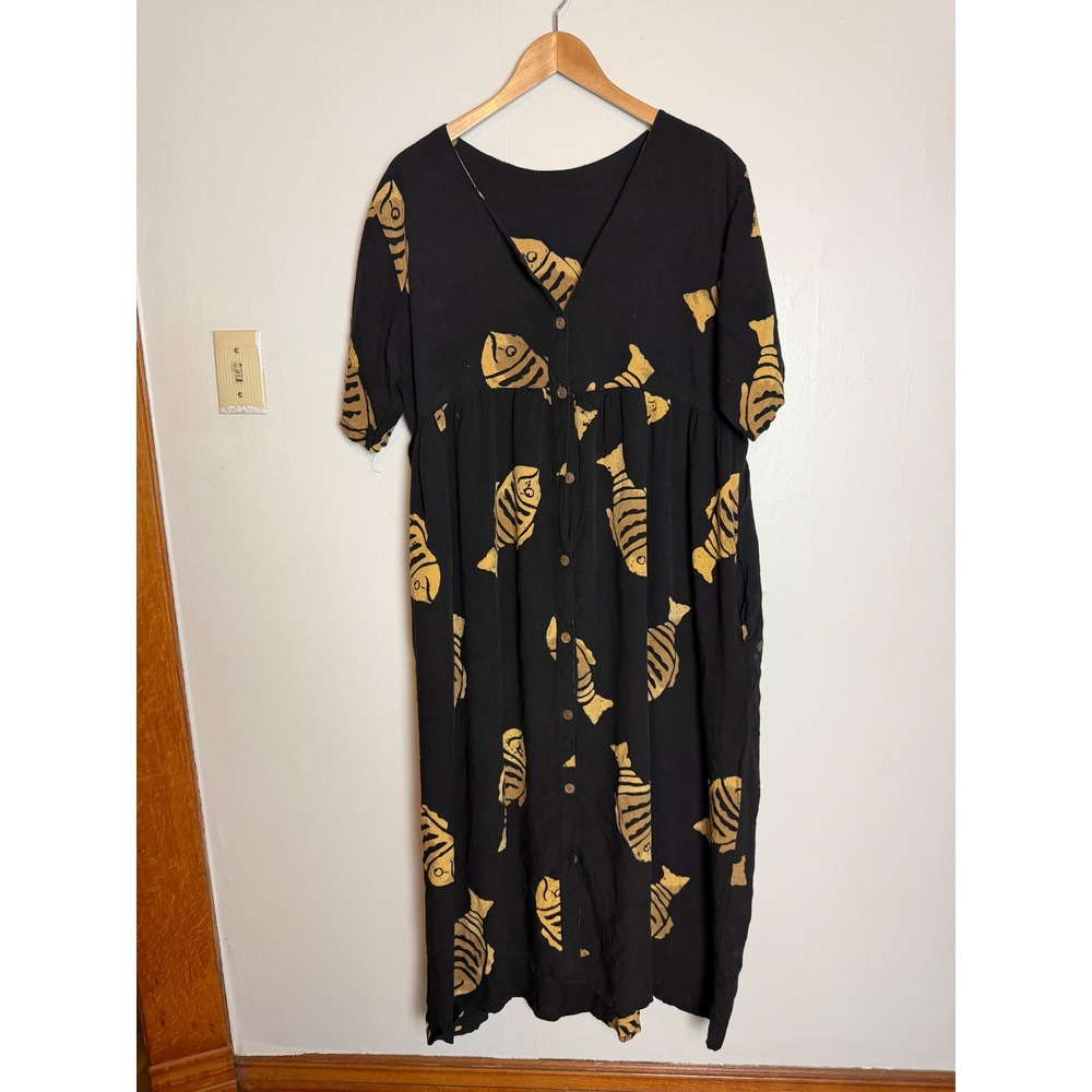 La Isla Large Black Yellow Fish Batik Maxi Dress indie boho Beachy coastal‎